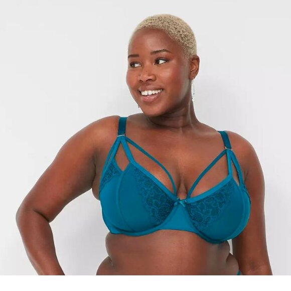 Cacique | Unlined Caged Lace Balconette Bra | Deep Lagoon | 40F - Picture 1 of 9